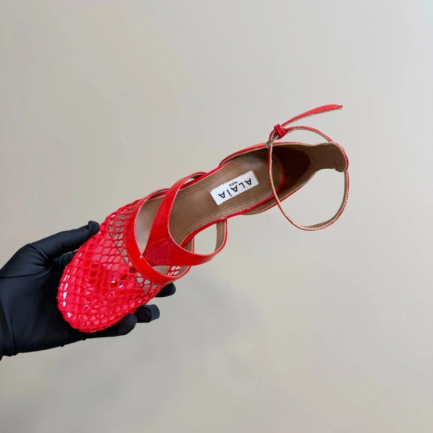 Alaia Fishnet Thong Heels Sandals Red Lambskin 299660 - Image 7