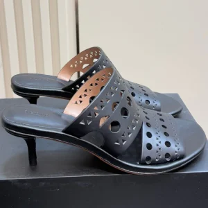 Alaia Vienne Cutout Kitten-Heel Slide Sandals Black Sheepskin 299661