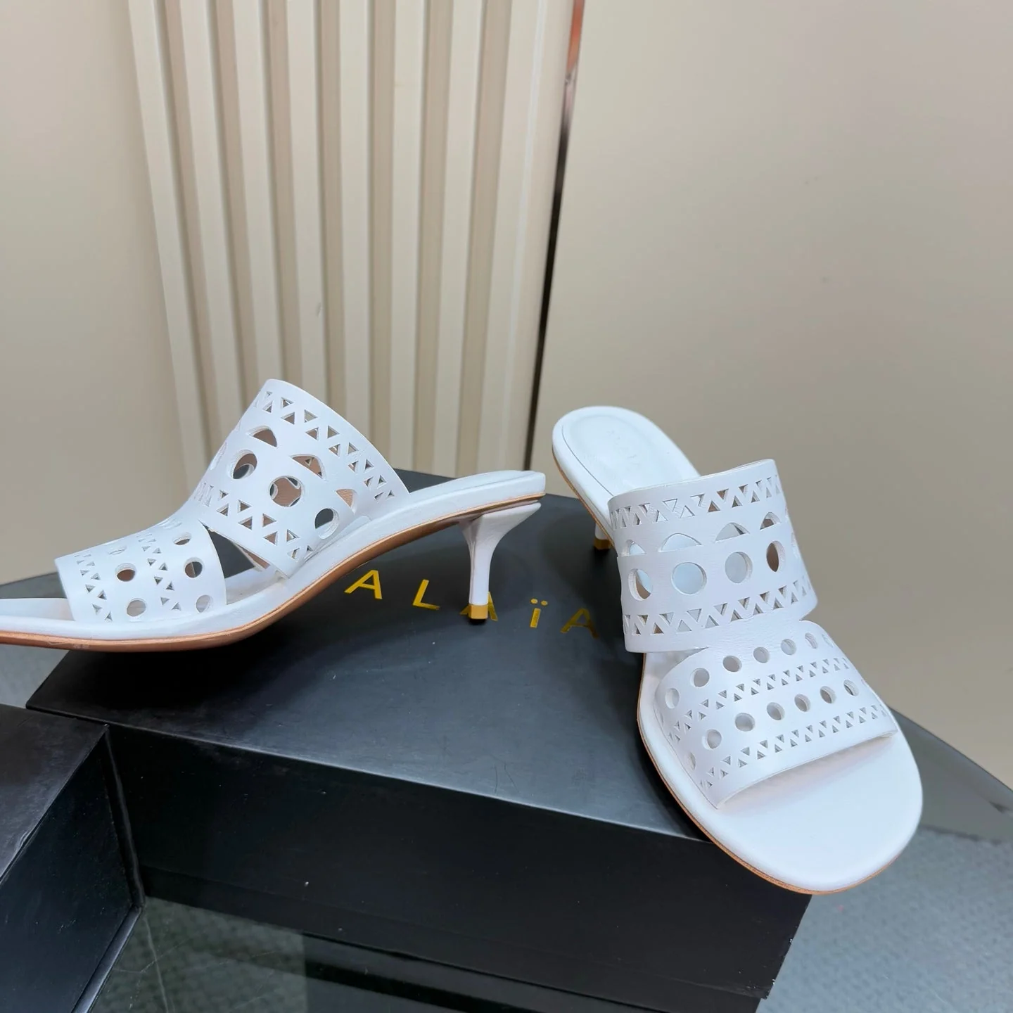 Alaia Vienne Cutout Kitten-Heel Slide Sandals White Sheepskin 299663 - Image 9