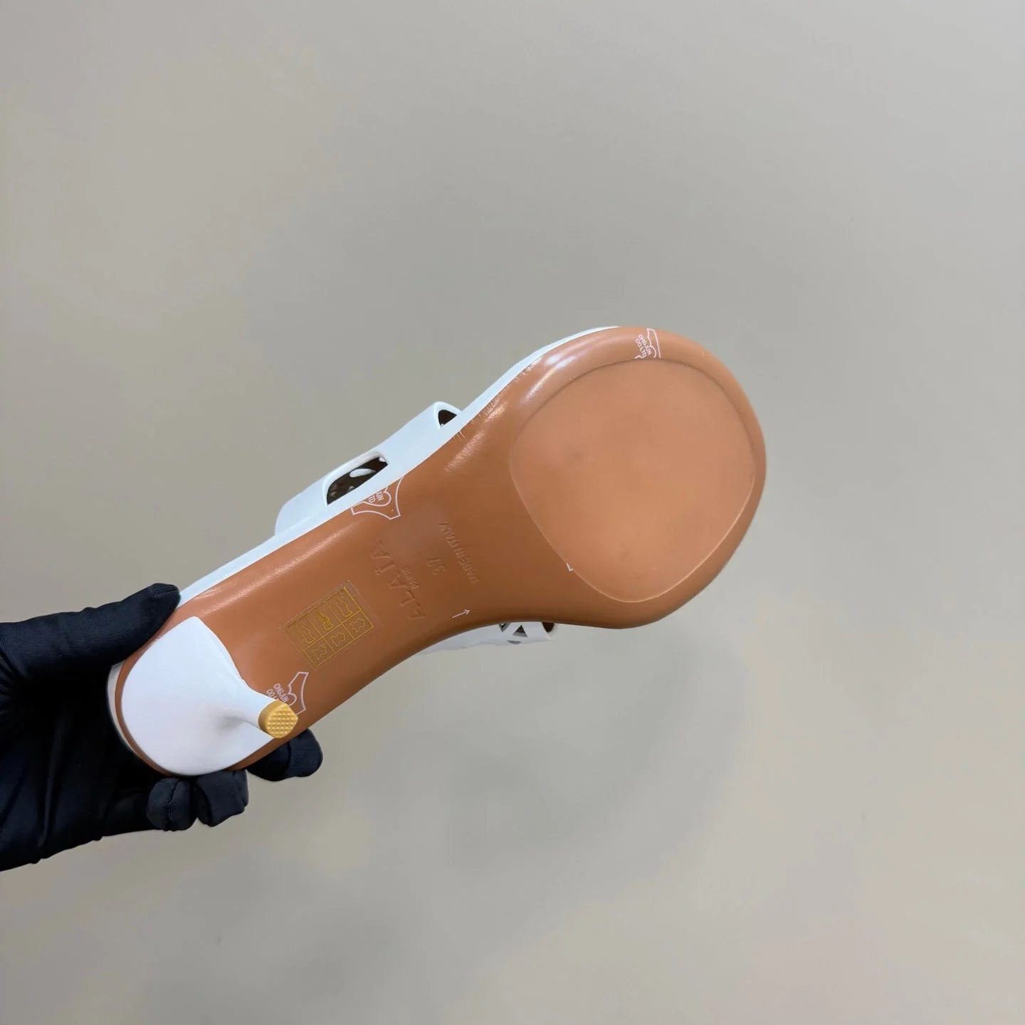 Alaia Vienne Cutout Kitten-Heel Slide Sandals White Sheepskin 299663 - Image 8