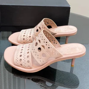 Alaia Vienne Cutout Kitten-Heel Slide Sandals Pink Sheepskin 299665