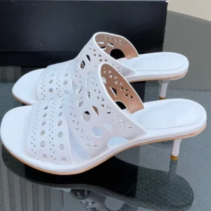 Alaia Vienne Cutout Kitten-Heel Slide Sandals White Sheepskin 299663