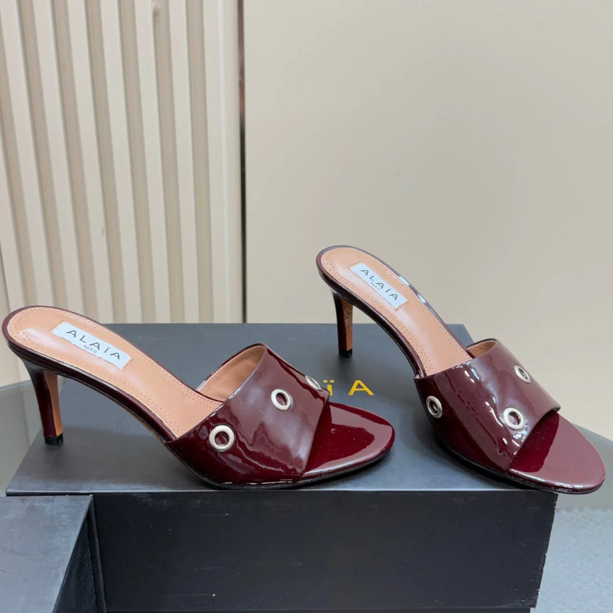 Alaia 2025 Oeillets Embellished Leather Sandals Ruby Red Lambskin 299666 - Image 2