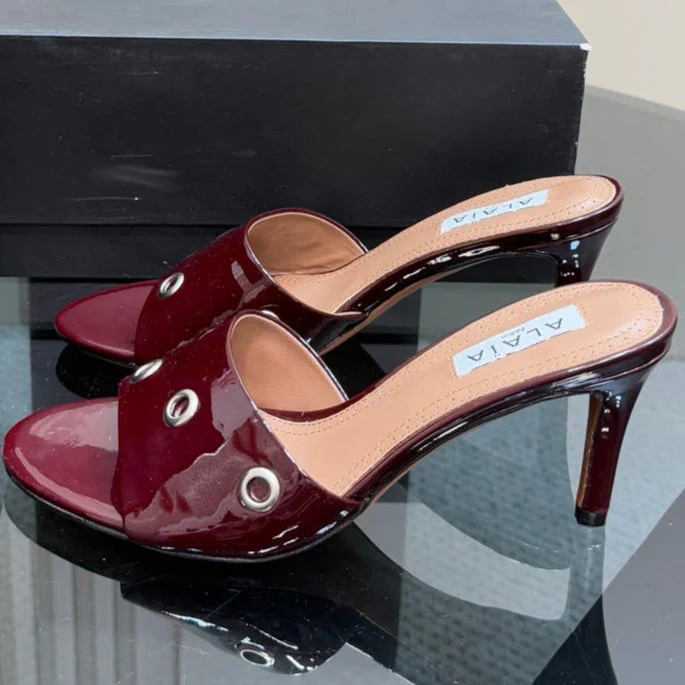 Alaia 2025 Oeillets Embellished Leather Sandals Ruby Red Lambskin 299666