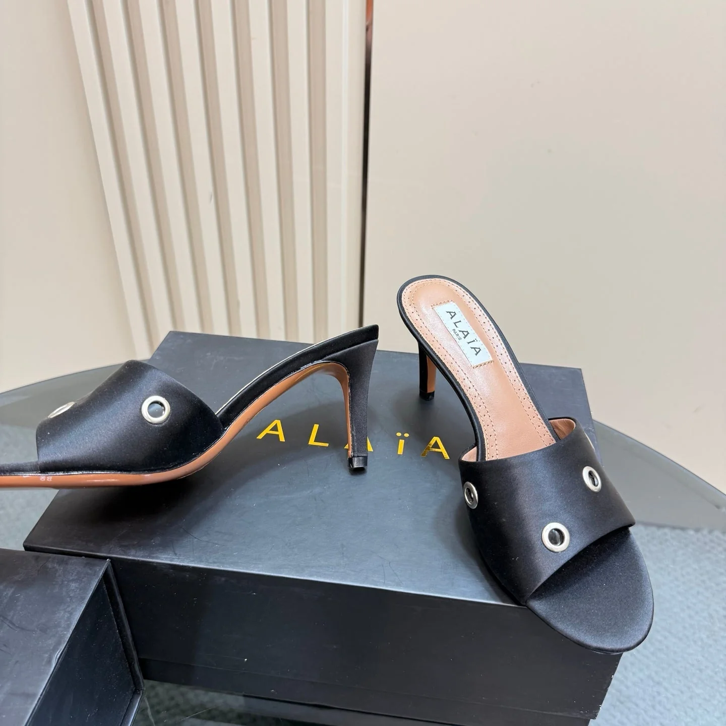 Alaia 2025 Oeillets Embellished Leather Sandals Black Lambskin 299669 - Image 4