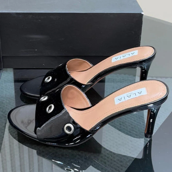 Alaia 2025 Oeillets Embellished Leather Sandals Glossy Black Lambskin 299668