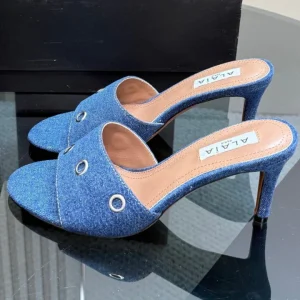 Alaia 2025 Oeillets Embellished Leather Sandals Denim Lambskin 299670