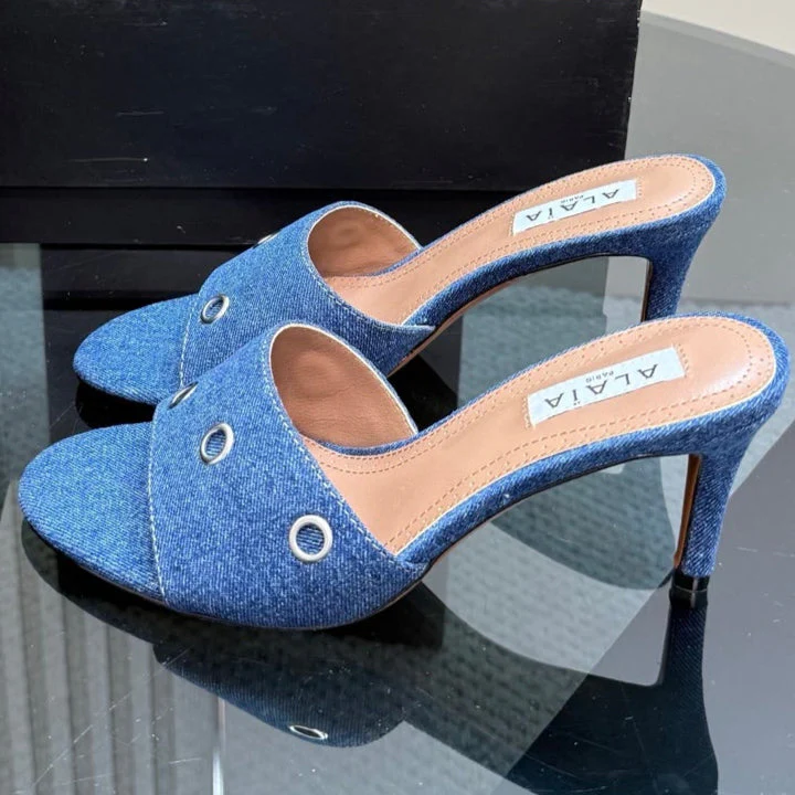 Alaia 2025 Oeillets Embellished Leather Sandals Denim Lambskin 299670