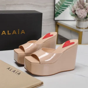 ALAIA PLATFORM WEDGE IN BEIGE TAN LAMBSKIN WITH RED HEART