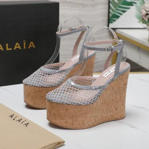 ALAIA WEDGE SANDAL IN LIGHT GREY MESH AND BEIGE RUBBER