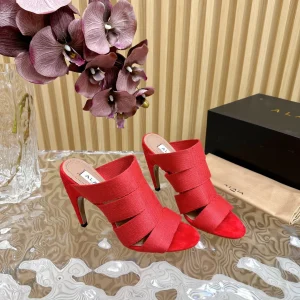 ALAIA ELASTIC CAGE MULE SANDALS IN CHERRY RED WOVEN STRAP AND LAMBSKIN