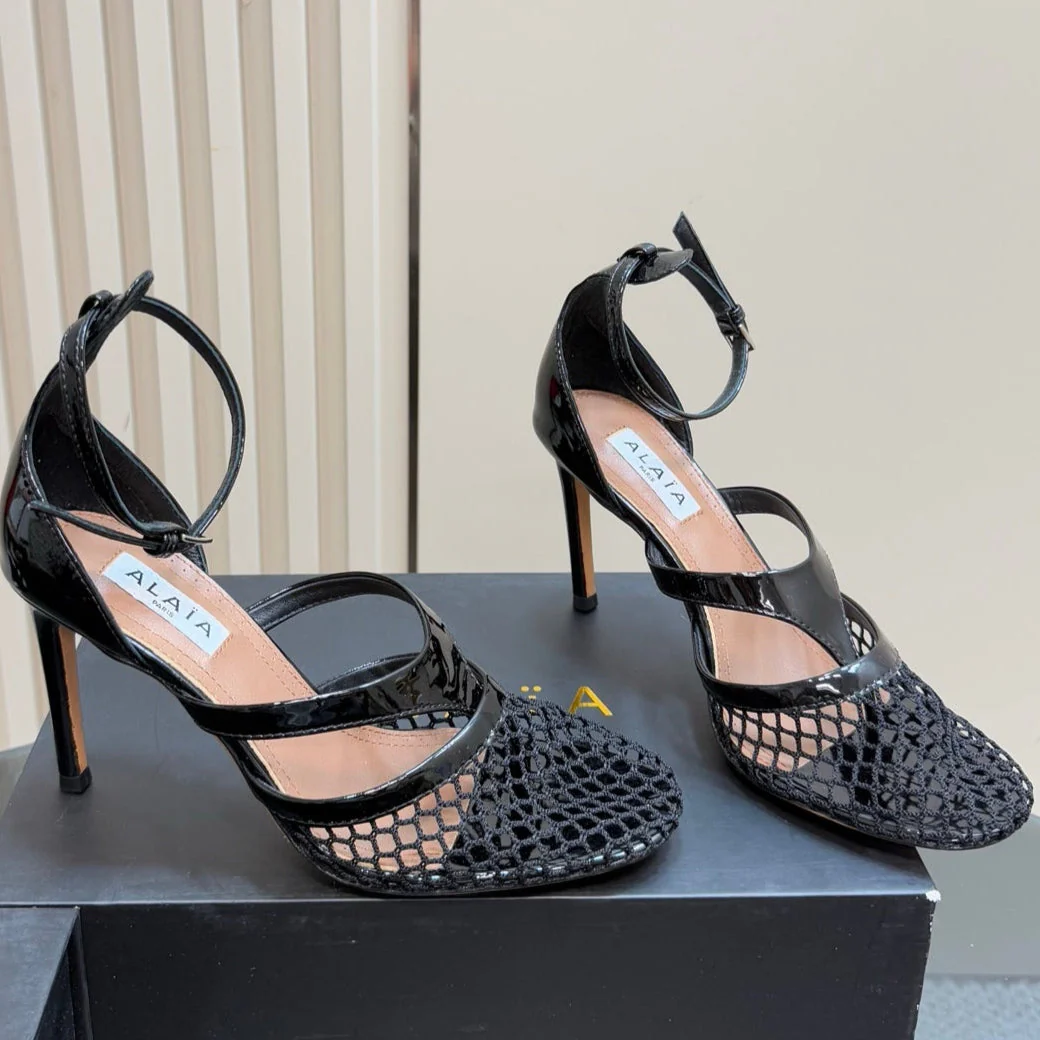 Alaia Fishnet Thong Heels Sandals Black Lambskin 299658