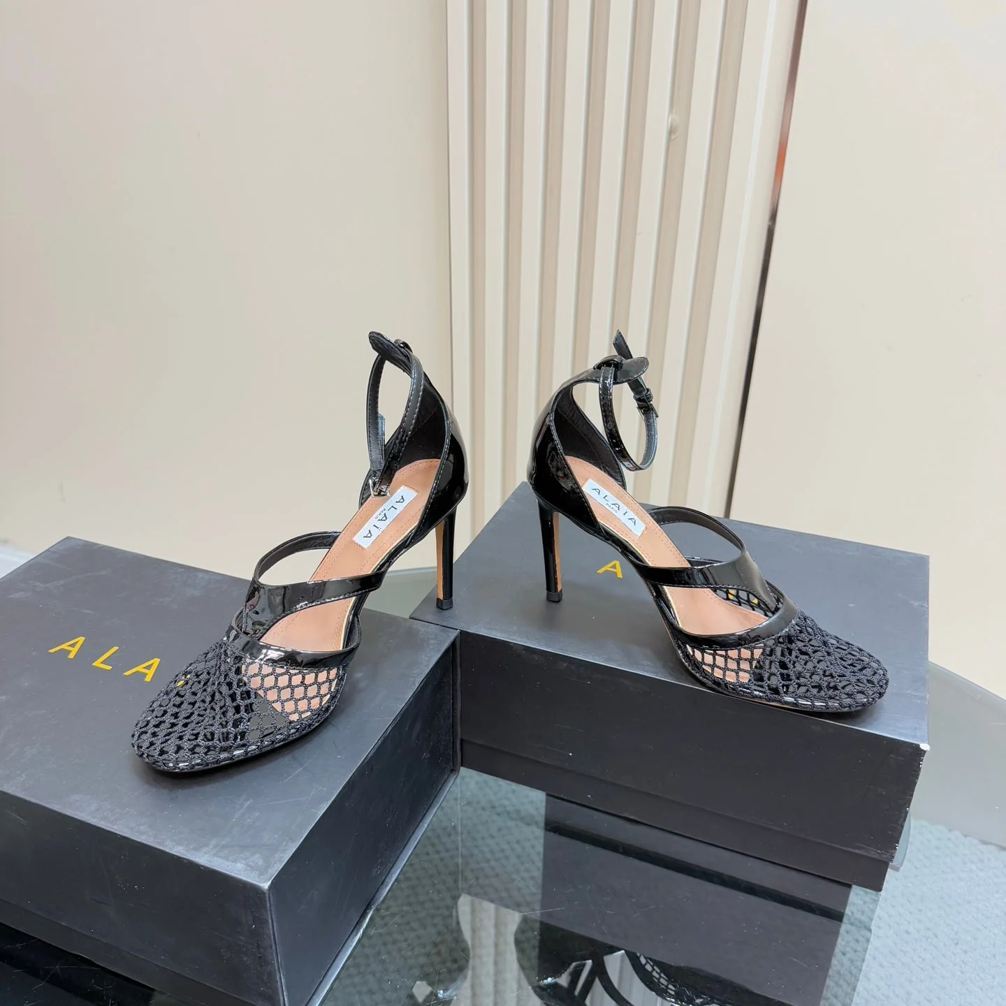 Alaia Fishnet Thong Heels Sandals Black Lambskin 299658 - Image 4