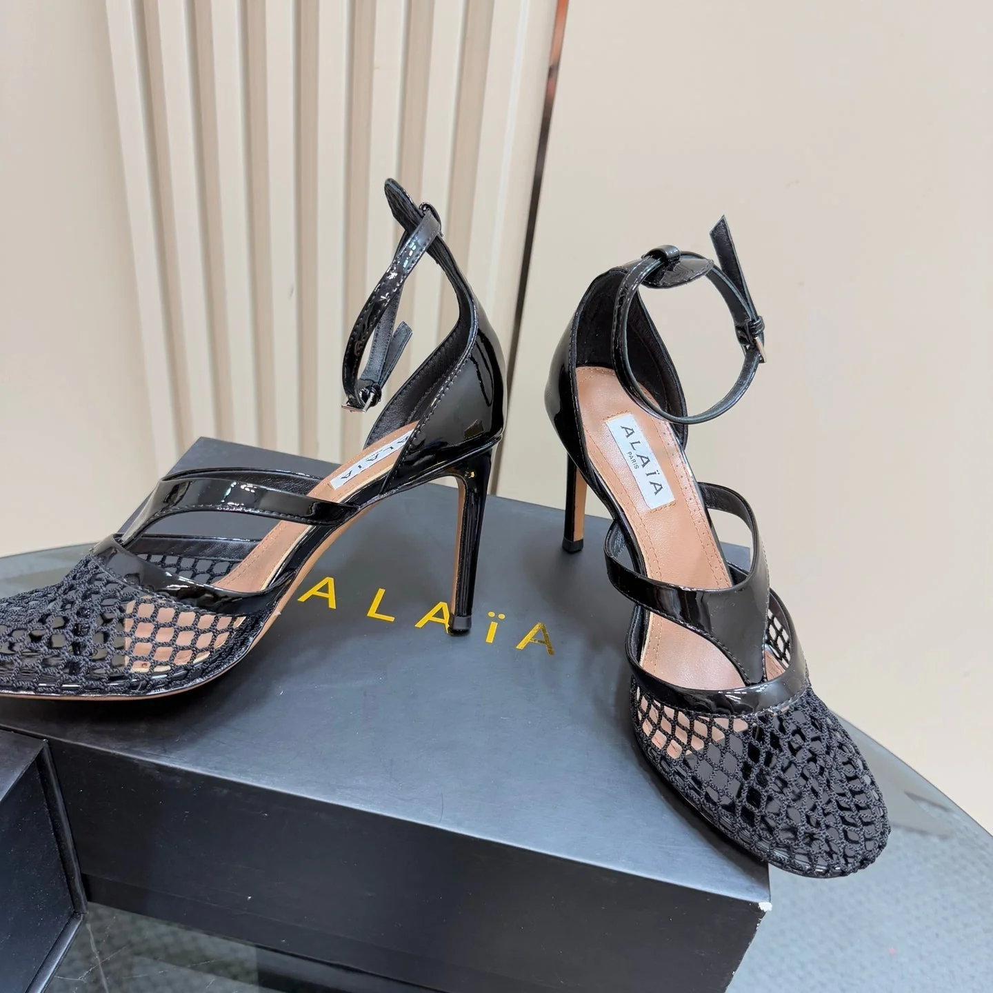 Alaia Fishnet Thong Heels Sandals Black Lambskin 299658 - Image 3