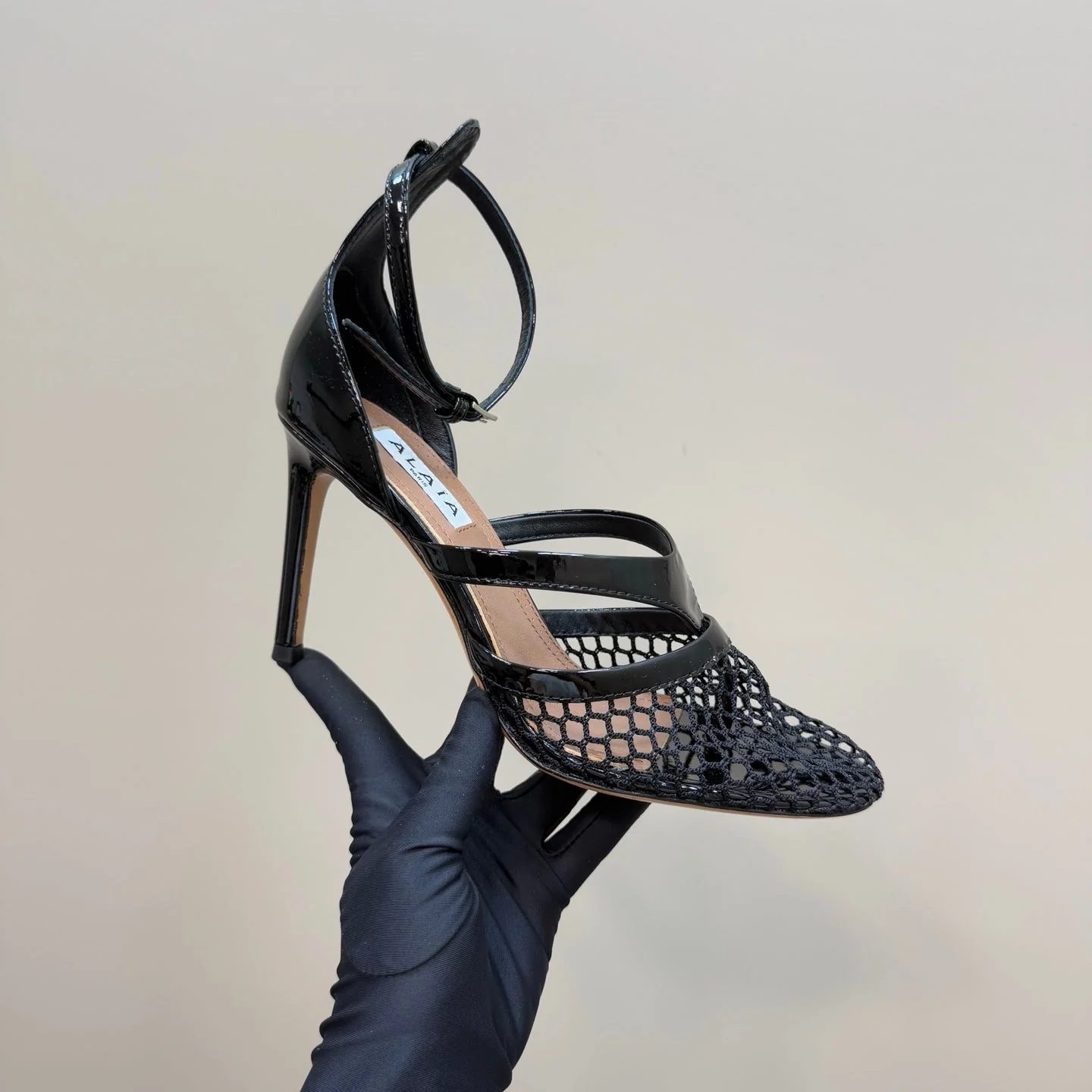 Alaia Fishnet Thong Heels Sandals Black Lambskin 299658 - Image 6