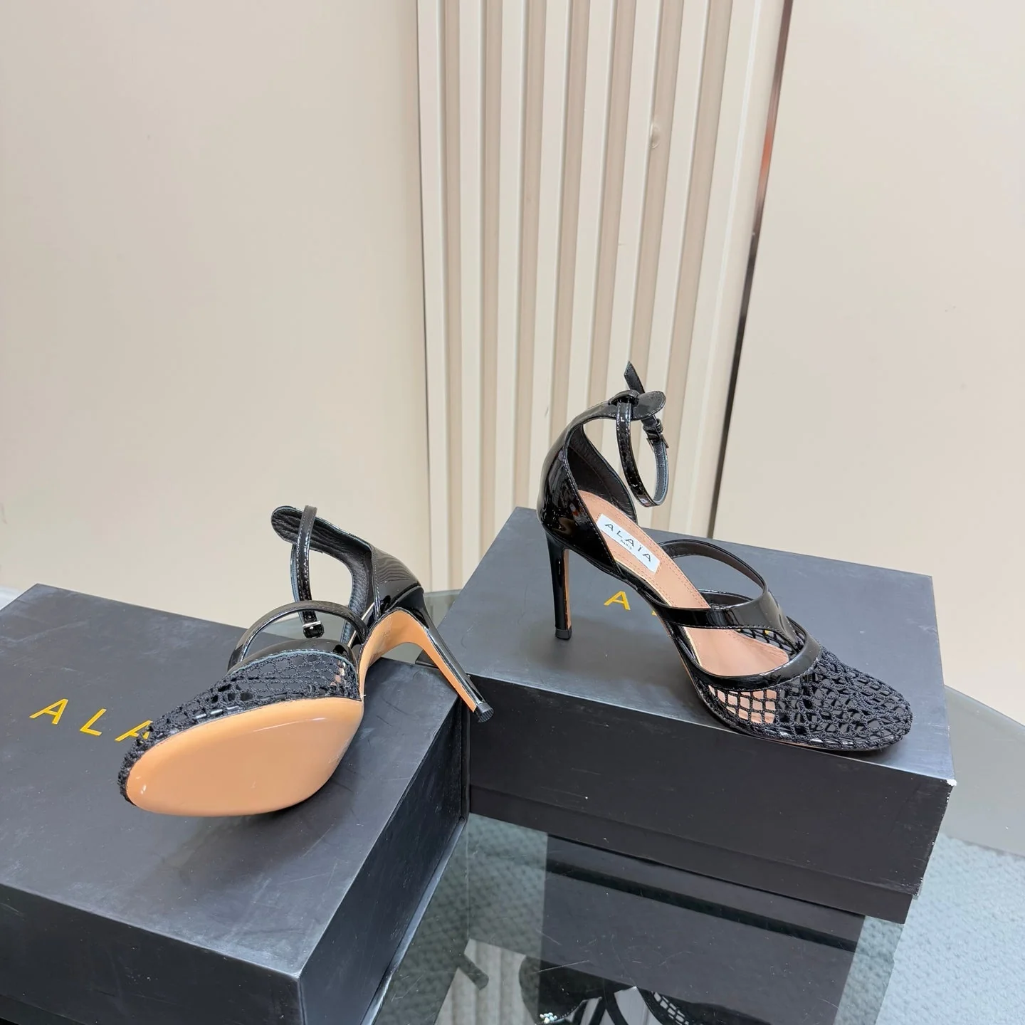 Alaia Fishnet Thong Heels Sandals Black Lambskin 299658 - Image 7