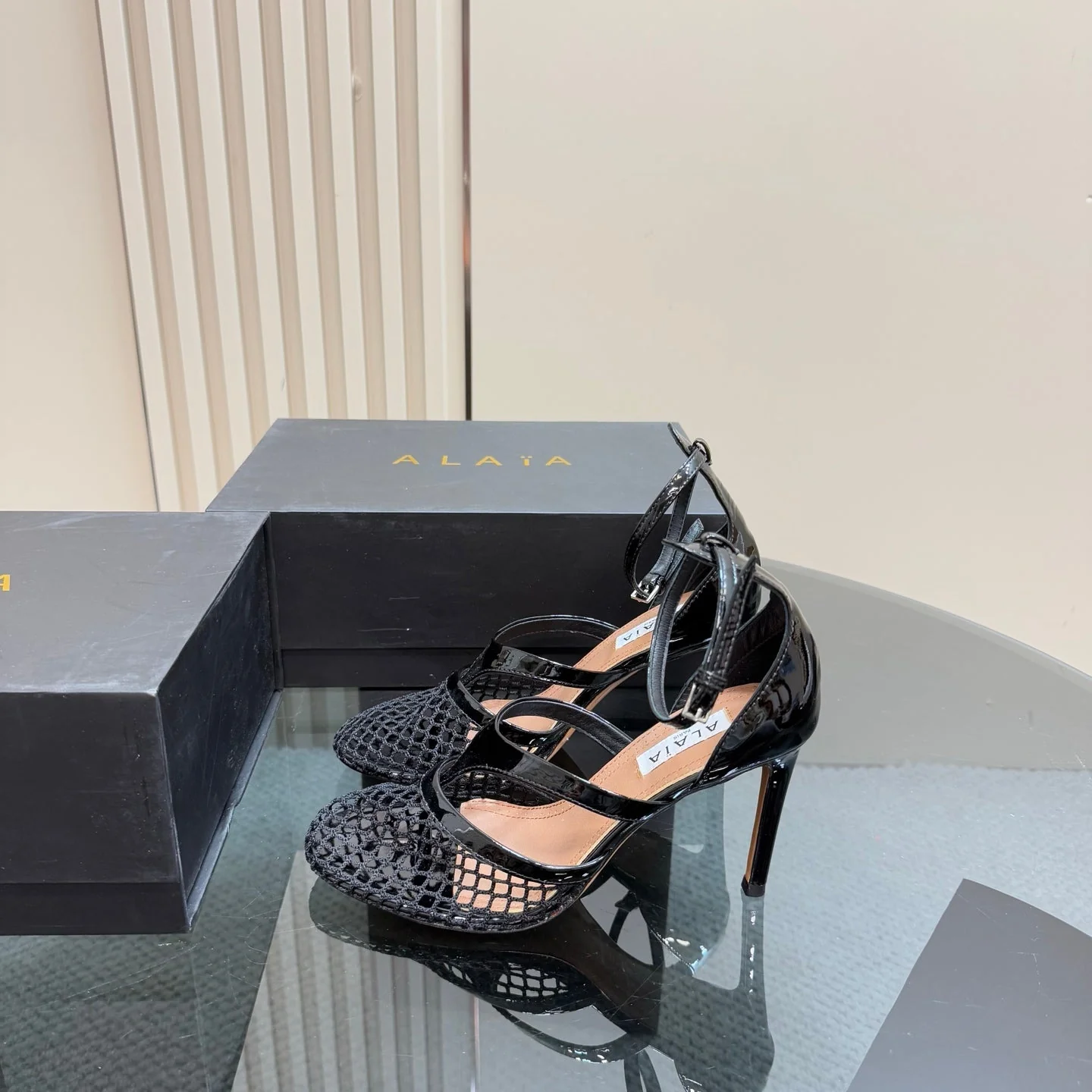 Alaia Fishnet Thong Heels Sandals Black Lambskin 299658 - Image 8