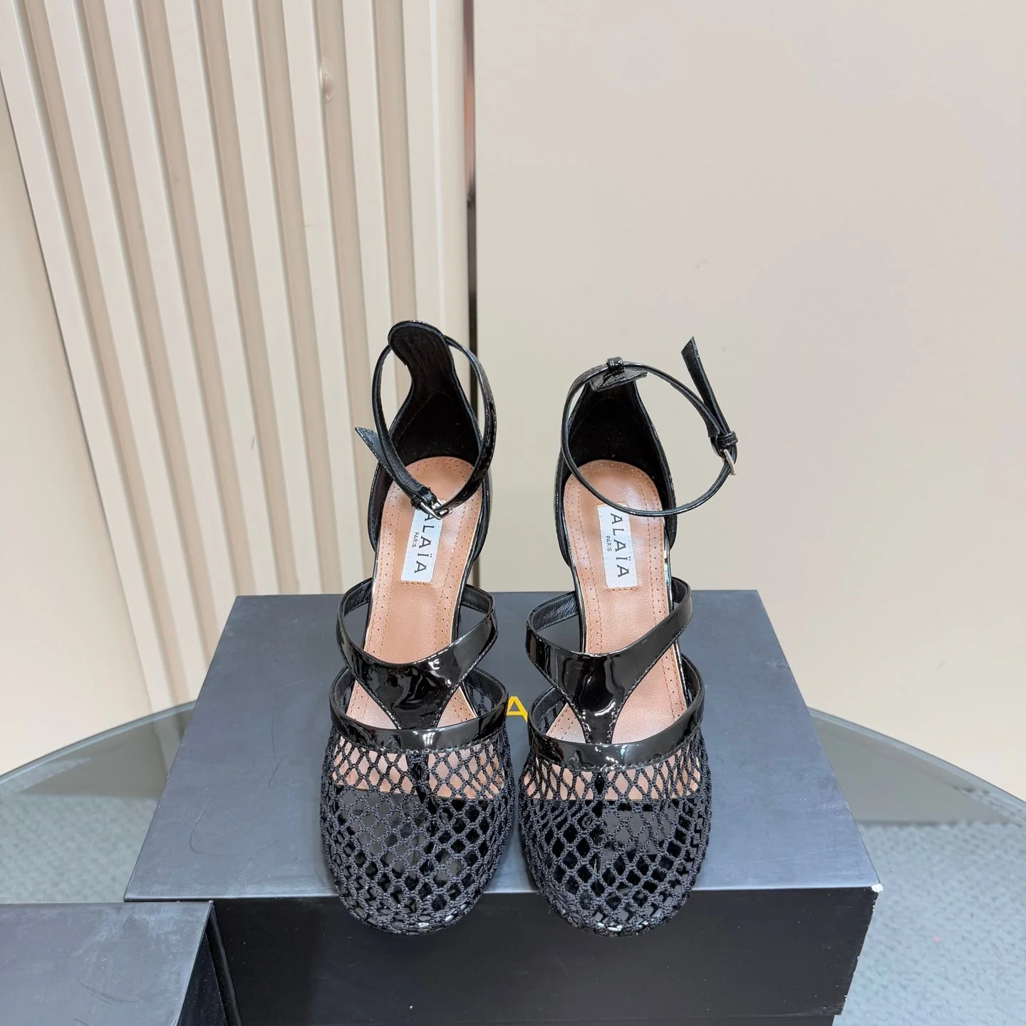 Alaia Fishnet Thong Heels Sandals Black Lambskin 299658 - Image 9