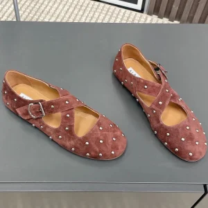 Alaia 2025 Criss Cross With Stud Ballet Flats Brown Suede 293213