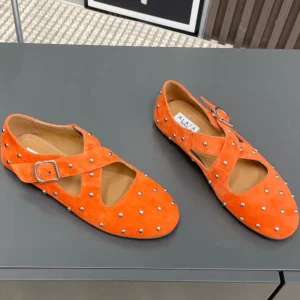Alaia 2025 Criss Cross With Stud Ballet Flats Orange Suede 293215