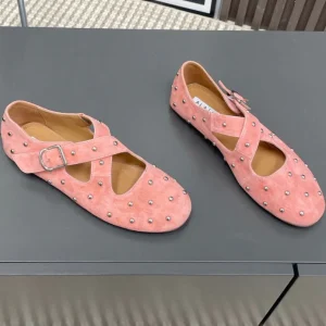Alaia 2025 Criss Cross With Stud Ballet Flats Pink Suede 293216