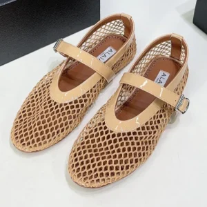 Alaia 25 Laminated Fishnet Ballet Flats Fawn Lambskin 621833