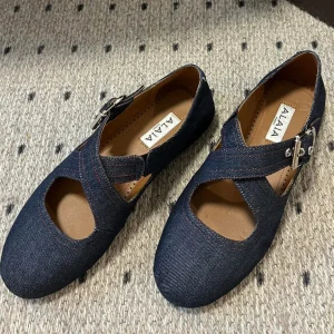Alaia 25 Criss Cross With Stud Ballet Flats Denim Blue Sheepskin 303695