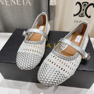 ALAIA MARY JANE FLATS white mix gray woven calfskin pattent