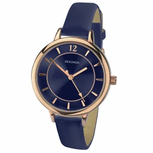 Sekonda Womens Rose Gold Blue Leather Strap Watch Elegant Design