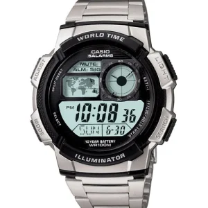 Casio Digital Mens Watch Stainless Steel Band World Time Feature