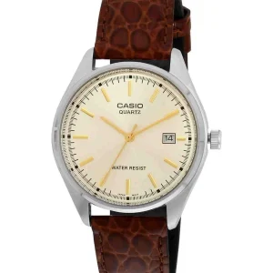Casio Quartz Gold Dial Brown Leather Strap Mens Watch