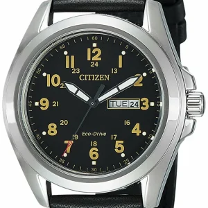 Citizen Eco-Drive Stainless Steel Black Leather Mens Watch