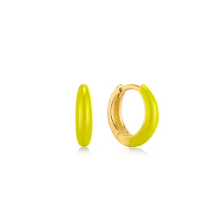 Neon Yellow Enamel Gold Sleek Huggie Hoop Earrings