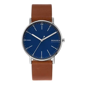 Skagen Signatur Men's Blue Dial Watch with Brown Leather Strap SKW6355