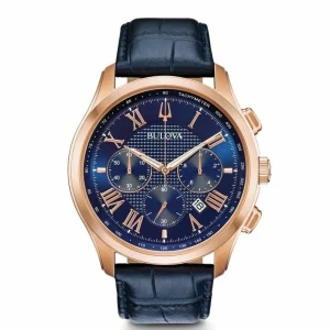 Bulova Classic Chronograph Blue Leather Mens Watch 97B170