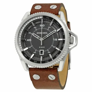 Diesel Rollcage Exposed Grey Dial Brown Leather Mens Watch