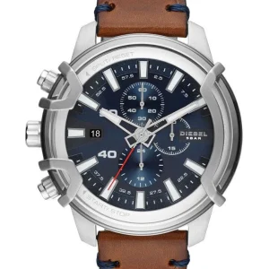 Diesel Griffed Blue Dial Chronograph Brown Leather Watch DZ4518