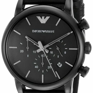 Emporio Armani Leather Strap Black Chronograph Watch for Men SKU EA1040