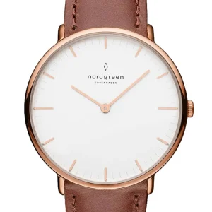 Nordgreen Native 28mm Rose Gold Case Brown Leather Strap Watch
