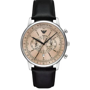 Armani Elegant Chronograph Watch with Black Leather White Dial AR11634
