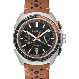 Bulova Racer Series Chronograph Stainless Steel Watch with Brown Leather Band Model 98B427