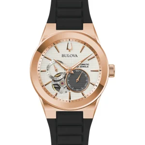 Bulova Latin Grammy 25th Anniversary Rose Gold Tone Automatic Watch with Open Heart Dial and Silicone Strap 97A186