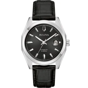 Bulova Classic Surveyor Leather Strap Watch with Black Dial and Silver-Tone Case Model 96B435
