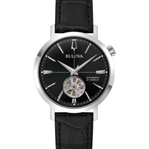 Bulova Timeless Elegance Automatic Black Dial with Leather Strap Watch 96A317