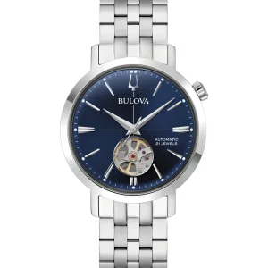 Bulova Classic Blue Dial Automatic Stainless Steel Elegance Watch with Exhibition Back and 40 Hour Power Reserve 96A320