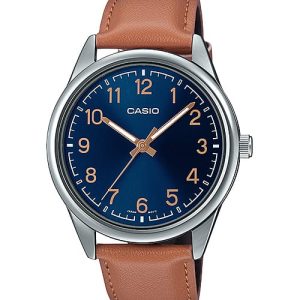 Casio Analog Blue Dial Brown Leather Strap Watch MTPV005L-2B4
