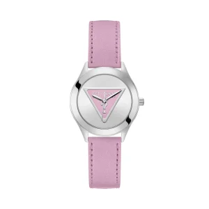 Guess Tri Plaque Silver Pink Leather Strap Watch GW0744L1