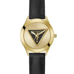 Guess Tri Plaque Gold Black Leather Strap Watch GW0744L2