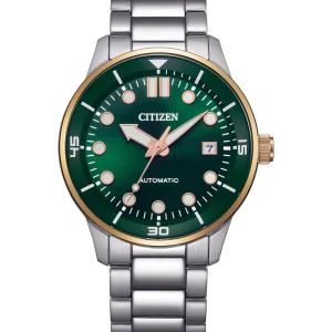 Citizen Automatic Silver Stainless Steel Gold Bezel Green Dial Watch NJ0196-80X