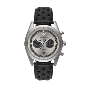 Emporio Armani Chronograph Silver Dial Black Leather Strap Watch AR11677